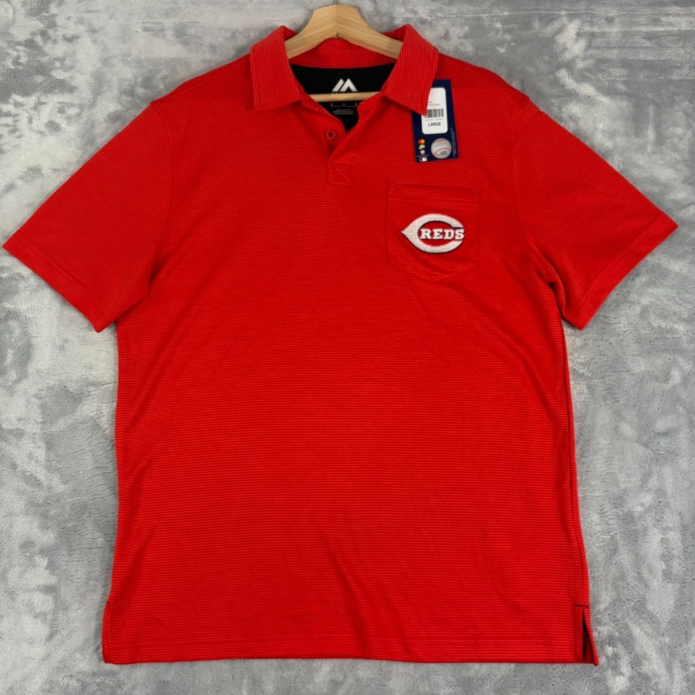 Cincinnati Reds Polo Shirt Mens Large Red Majestic Baseball Logo Golf NEW Flaws*